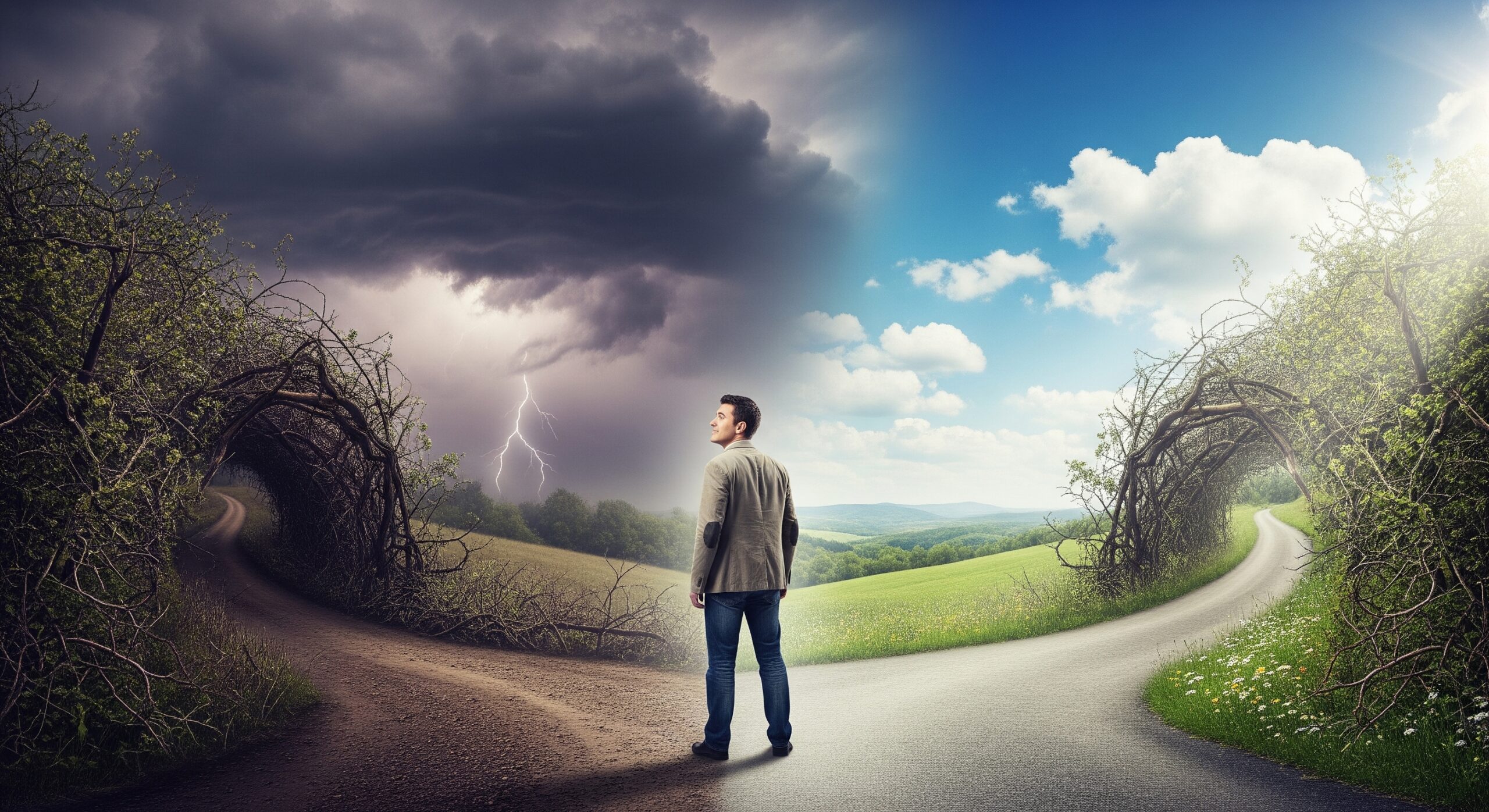 Une personne se tenant à une croisée des chemins, avec un chemin sombre et chaotique symbolisant la faillite, et un chemin clair et lumineux représentant la proposition de consommateur.