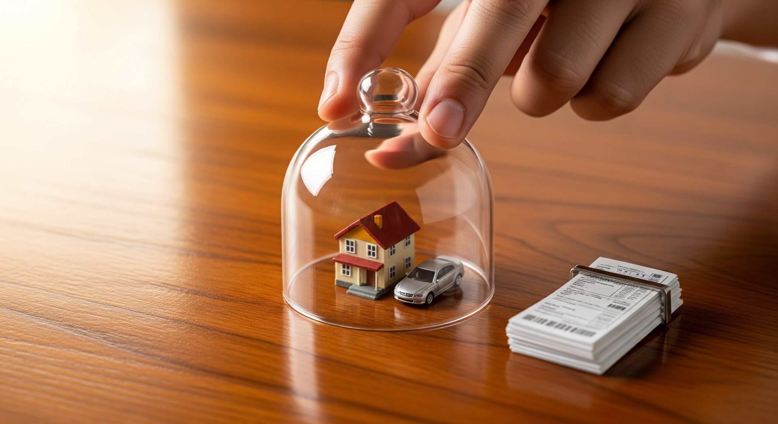 Des biens précieux (comme une maison et une voiture) placés sous un dôme de verre, illustrant la protection des actifs offerte par la proposition de consommateur.
