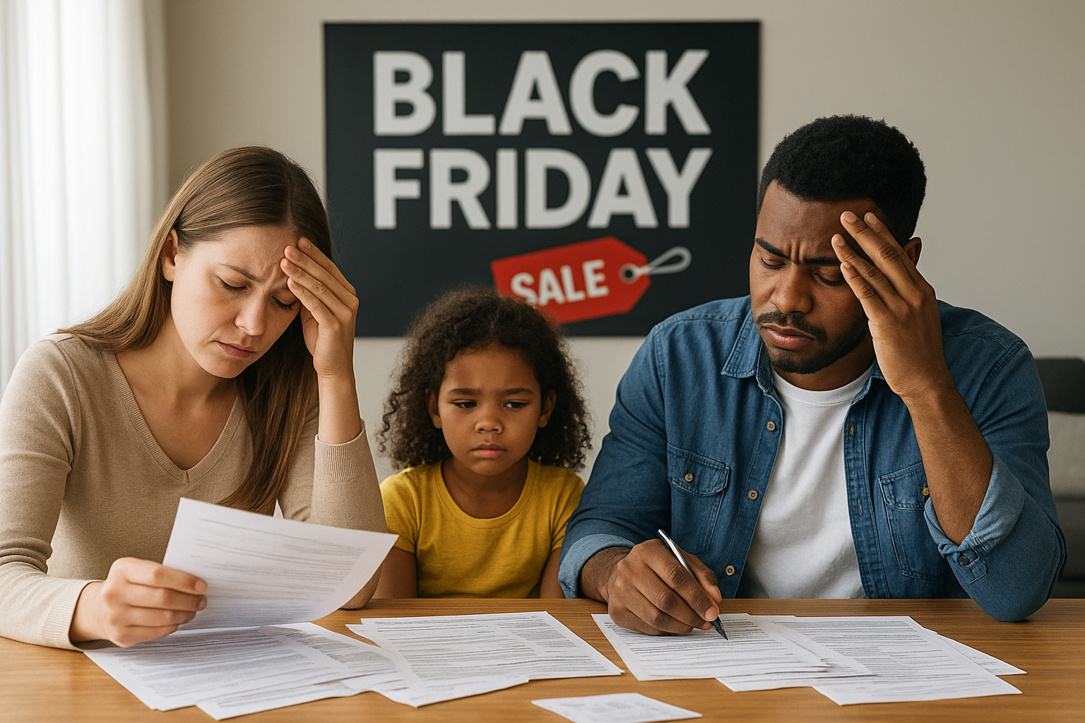 Un parent ou une famille sous le stress financier, recevant des factures (dépenses de rentrée scolaire) tandis que l'approche du Black Friday apparaît comme une tentation d'achat impulsif.
