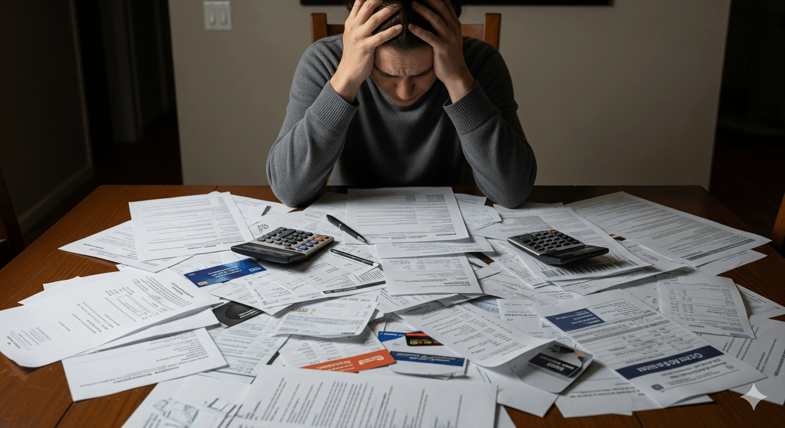 Une personne se sent submergée par un grand nombre de factures et de documents financiers éparpillés autour d'elle. L'image représente le poids et la confusion qui précèdent la prise de décision de consulter un expert.