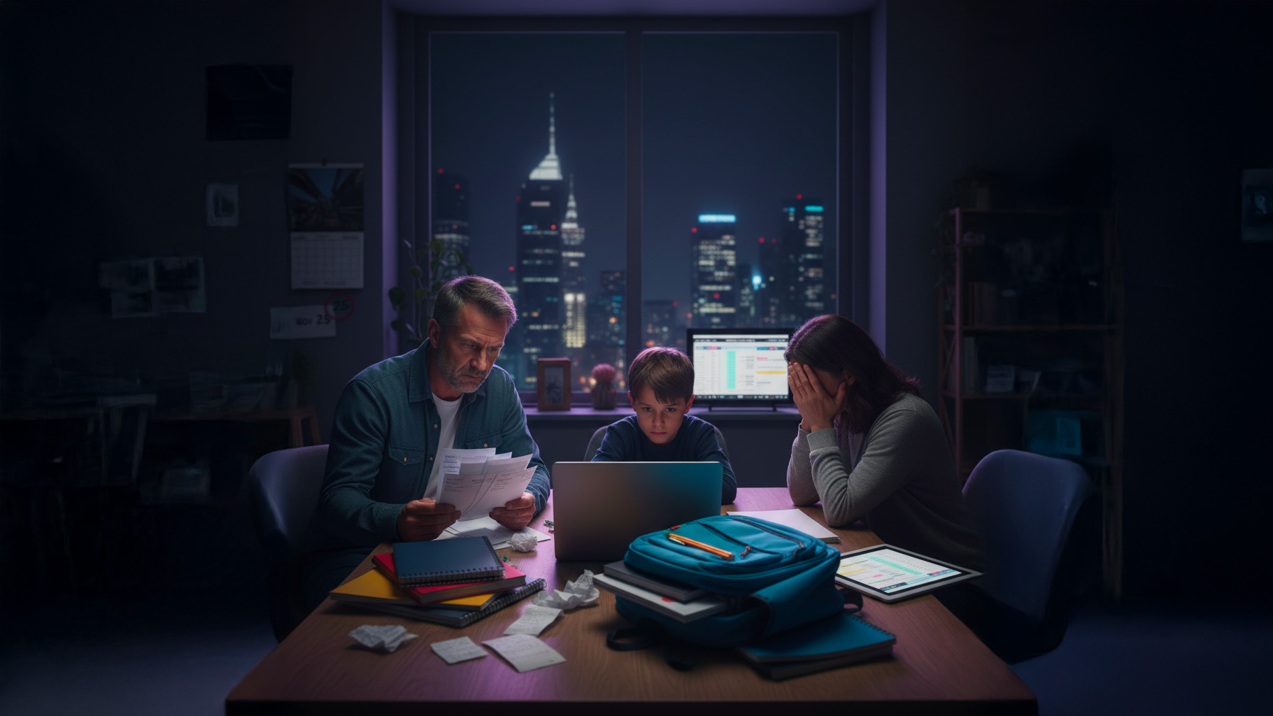 Un parent ou une famille sous le stress financier, recevant des factures (dépenses de rentrée scolaire) tandis que l'approche de la rentré scolaire arrive et les dépenses augmentent 