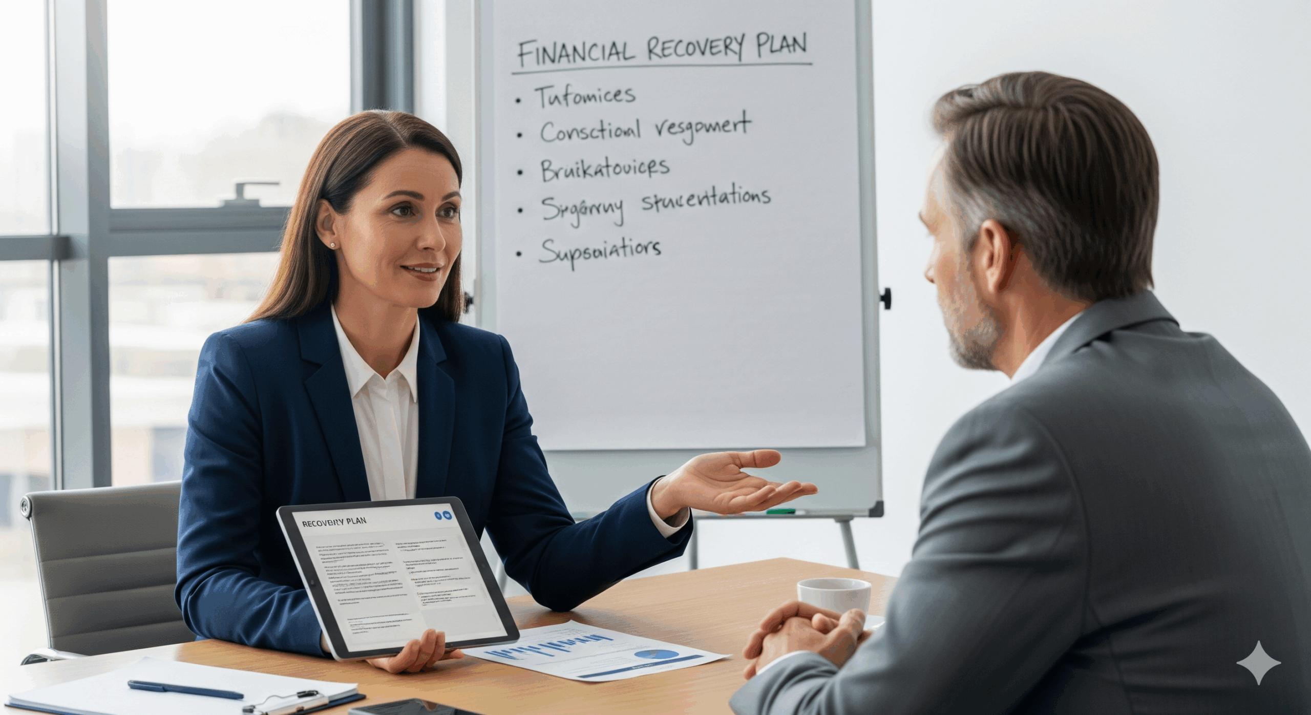 Un spécialiste en insolvabilité, avec une posture rassurante, discute avec un client dans un bureau moderne. Le syndic indique un tableau blanc avec des schémas qui illustrent les différentes options de solution de dettes. L'image dépeint la confiance, la clarté et le soutien professionnel.